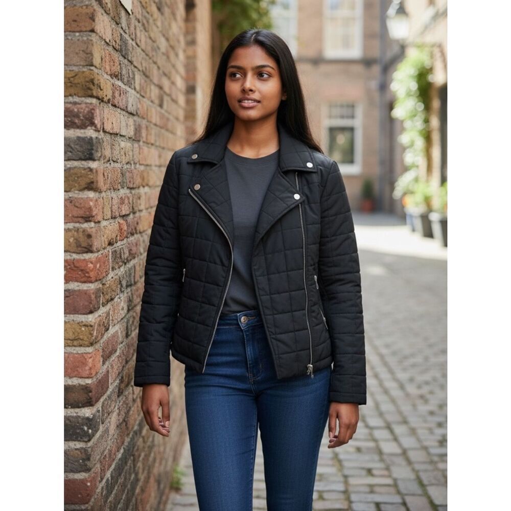 Zadig & Voltaire Black Loup Full Zip Biker Quilted Puffer Jacket Black Coat S
